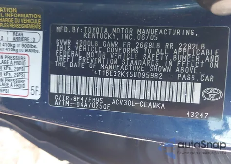 2005 Toyota Camry Le from USA, damaged, VIN 4T1BE32K15U095982